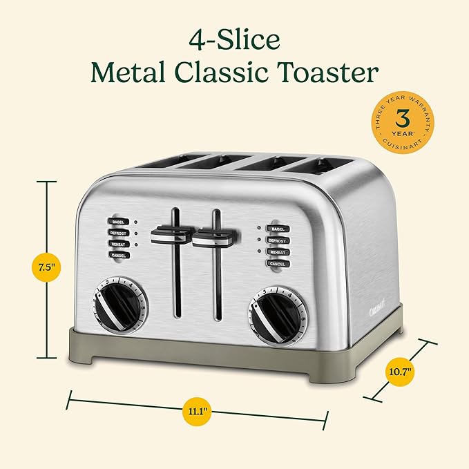 Cuisinart 4 Slice Compact Stainless Steel Toaster with Extra-Wide Slots for Bread French Toast Bagels &amp Pastries Defrost &amp Reheat Functions CPT-180P1 Brushed Stainless Removable Crumb Tr