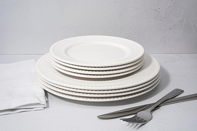 New Bone China 12 Piece Dinnerware Set Santorini Collection (Beaded) White Daily Use China Embossed Tableware Service for 4