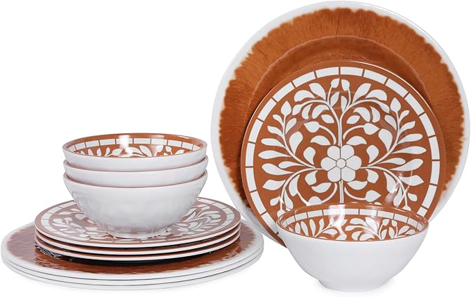 Melamine Plates and Bowls Set 12-Piece Melamine Dinnerware Set Dinner Serving Dishes Set for 4 Unbreakable Brown-Yellow