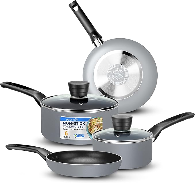 SereneLife Kitchenware Pots and Pans Set Basic Kitchen Nonstick Cookware Set Heat Resistant Lacquer (6-Piece Set) One Size Gray