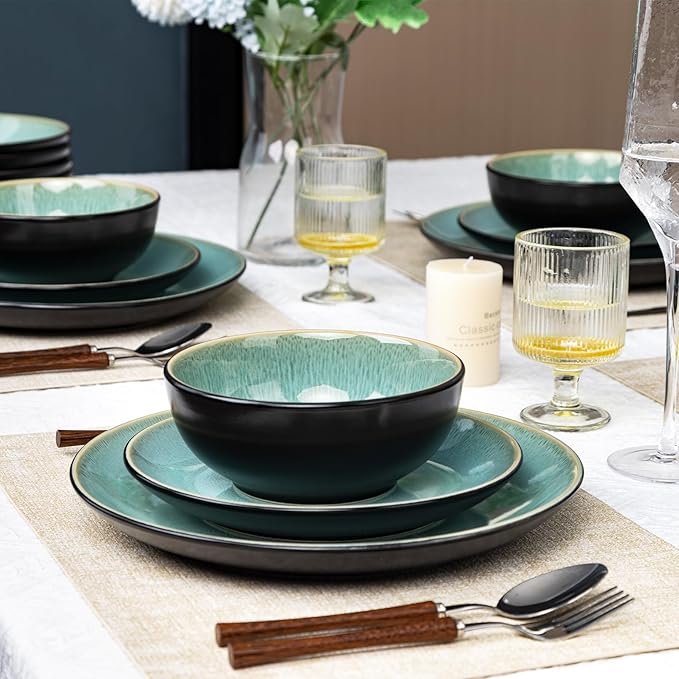 Plates and Bowls Sets for 4 - CJDC-QUELO 16-Piece Stoneware Dinnerware Sets Ceramic Dishware Set for Kitchen Use and Formal Dining Chip and Scratch Resistant Microwave Dishwasher Safe Green