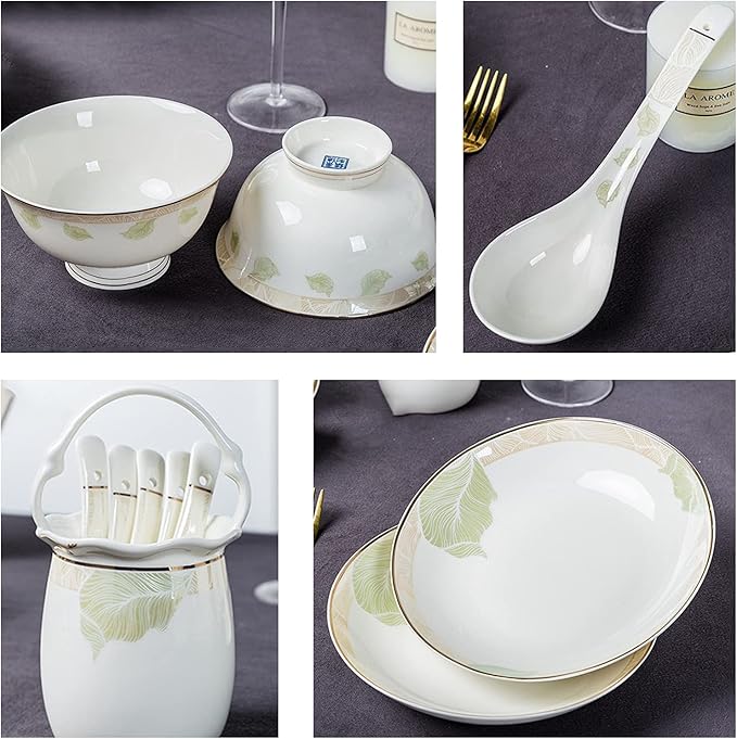 Home Banquet Cutlery Set White Bone China Cutlery Set with Dinner Plates Dessert Plates Soup Plates Saucers for Gifts Wedding Hotel 62 Piece