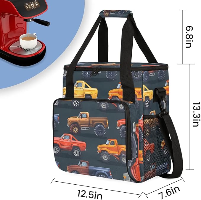 Trucks Theme Coffee Maker Travel Bag for Keurig K-Mini/K-Mini Plus Insulated Waterproof Tote with Pockets for K-Cup Portable Single-Serve Brewer Case