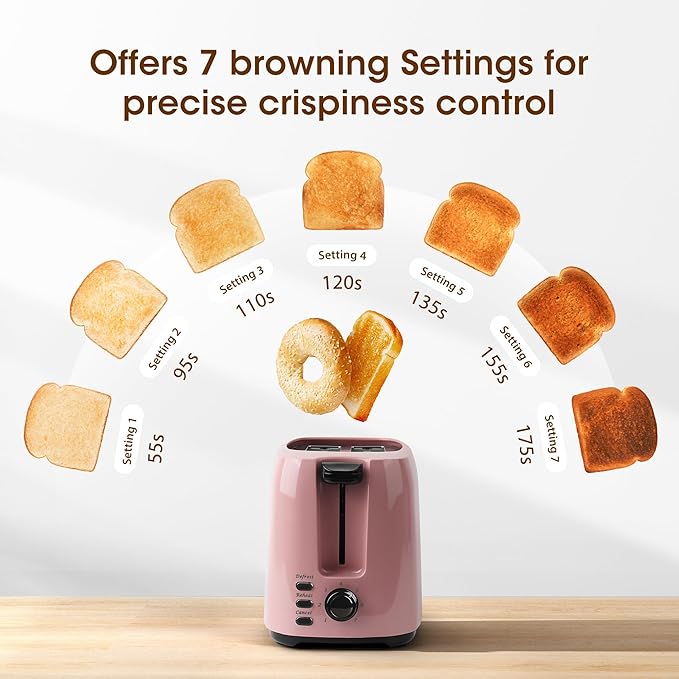 iSiLER 2 Slice Toaster 1.3 Inches Wide Slot Bagel Toaster with 7 Shade Settings and Double Side Baking Removable Crumb Tray Defrost Cancel Function Pink