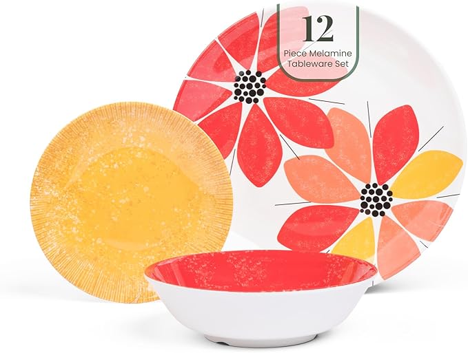 Larder &amp Vine 12-Piece Melamine Dinnerware Set: Durable Lightweight Break-Resistant Plates &amp Bowls – Stylish Non-Toxic Dishwasher Safe – Ideal for Everyday Use Indoor &amp Outdoor Dining