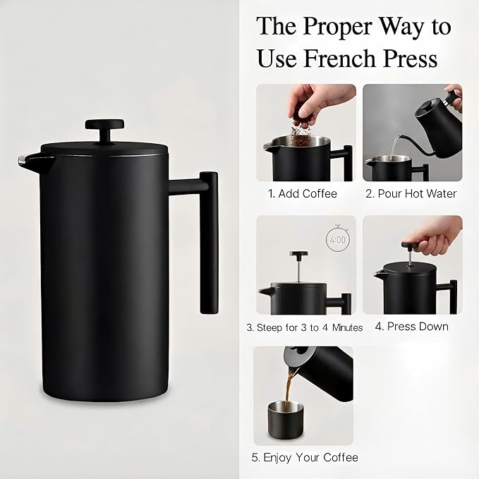 YJX 34oz Coffee Maker Stainless Steel French Press 1 Liter Camping Coffee Pot Tea Maker 34 Ounce Travel Coffee Presses Heat Resistant Double Insulated (Black)