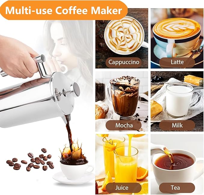 Stainless Steel French Press Coffee Maker 1500ml Double-Wall Insulated Large French Coffee Press for travel campingLarge Capacity （50oz Silver）