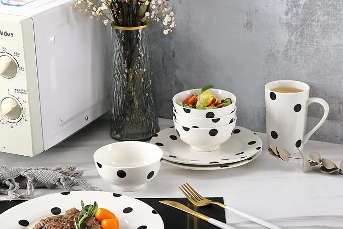Modern Porcelain 16-Piece Dinnerware Set Plates and Bowls Set for 4 Black Polka Dot DinnerwareDishwasher &amp Microwave Safe Ceramic Dish Set for Home Dining Gifts