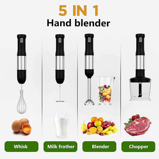 Cordless Immersion Hand Blender 5-in-1 Variable Speed blender handheldRechargeable with 2000mAh Battery BPA-Free &amp Dishwasher-Safe Accessories:700ml BeakerChopperWhisk &amp Milk FrotherInk