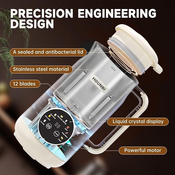 8-in-1 Automatic Nut Milk Maker Machine 50oz Soy Milk Maker with 12 Blades Nut Milk Maker Blender for Homemade Plant-Based Milk Oat Soy with Self-Cleaning Keep Warm 12-Hour Delay