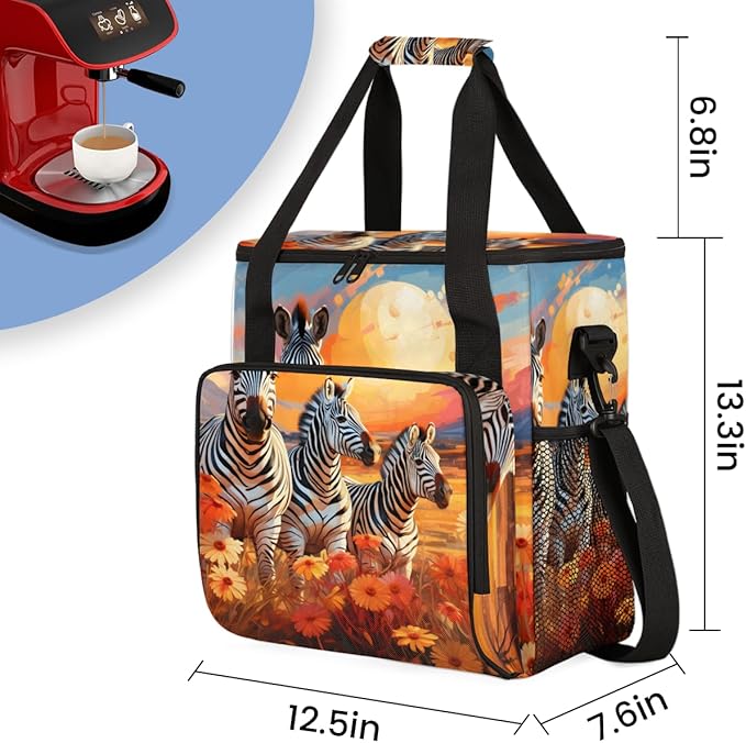 Sunset Zebra Coffee Maker Carrying Bag Chrysanthemum Travel Storage Bag Compatible with K-Mini or K-Mini Plus Single Serve Coffee Brewer Carrying Case with Multiple Pockets &amp Shoulder Strap