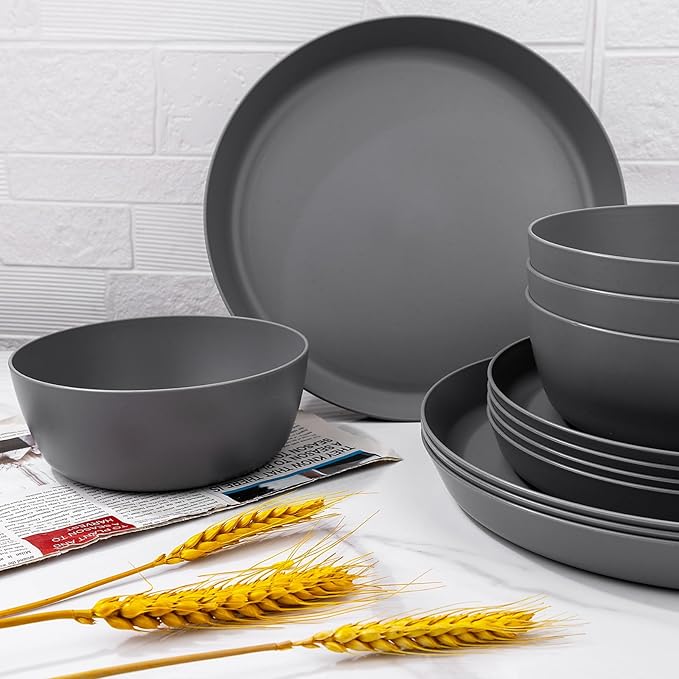 EI 12pcs Wheat Straw Dinnerware Set of 4Kitchen Plates and BowlsReuasble PlatesUnbreakable Dinner PlateHard Premium Plastic Plate for CampingPicnincHalloween