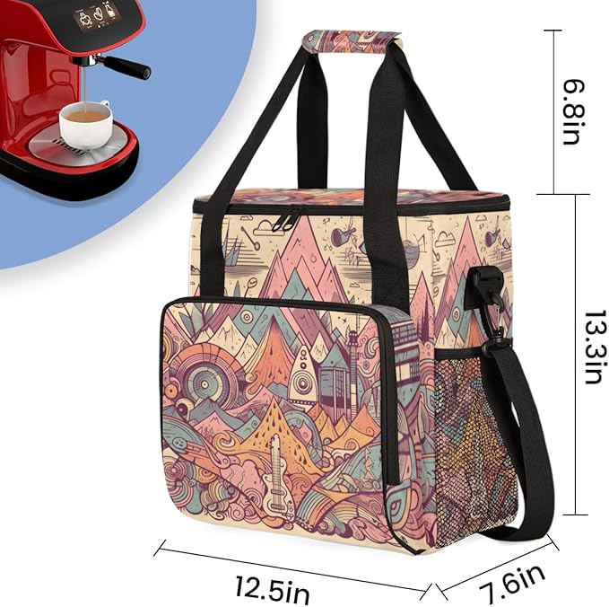 Aztec Music Symbol Coffee Maker Carrying Bag Portable Travel Storage Tote Bag Compatible with K-Mini or K-Mini Plus Single Serve Coffee Brewer Carrying Case with Multiple Pockets &amp Shoulder Stra