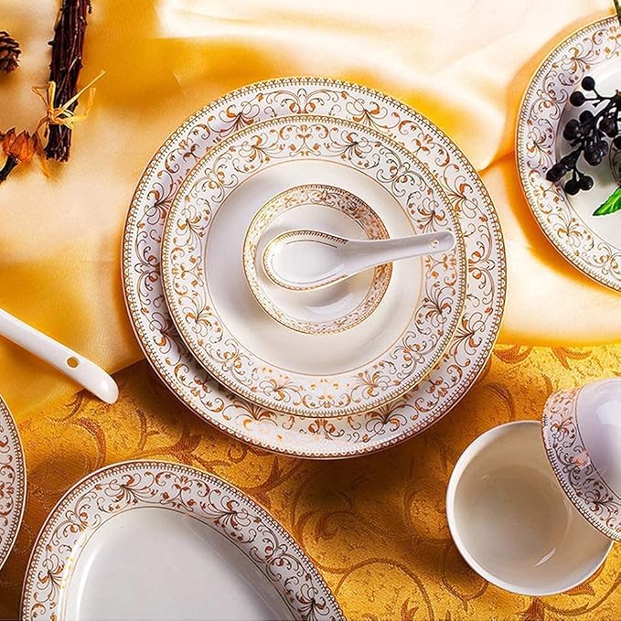 Porcelain Dinnerware Sets Plates and Bowls Sets Decorative Gold Floral Dinnerware Porcelain Plates and Bowls Sets Unique Dish Set for Ever