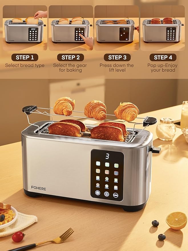 4 Slice Toaster Touch Screen Control Long Extra Wide Slots Smart Bread Toaster 6 Bread Types &amp 6 Shade Settings Stainless Steel Toaster with Removable Tray Cancel/Defrost/Reheat Function Sli