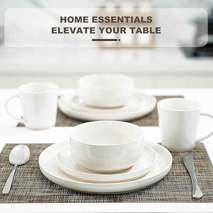 EWFEN 16-Piece Ceramic Dinnerware Sets with Mugs for 4 Handpainted Plates and Bowls Set with Rustic Terracotta Underside Scratch Resistant Dishes Set Dishwasher &amp Microwave Safe