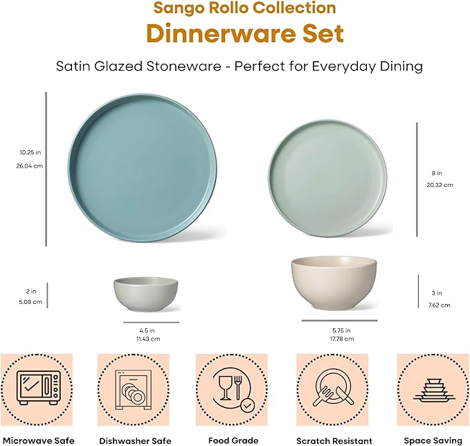 Sango 16-Piece Stoneware Dinnerware Set for 4 Satin Glazed Plates and Bowls Sets with Matte Finish Ceramic Dish Set Durable Kitchen Dishes Microwave &amp Dishwasher Safe Dining Rollo Artist's Bl