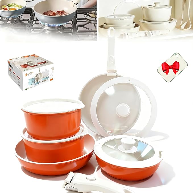 Cookware Set Ceramic Cookware Set Removable Handle 2026 New 11 Piece Nonstick Detachable Handle Cookwares Non Stick Cookwares Sets for Kitchen (Orange11pcs)