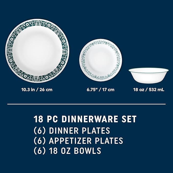 Corelle Vitrelle 18 Piece Glass Dinnerware Sets Service for 6 Triple Layer Chip &amp Crack Resistant Glass Plate and Bowl Sets Penelope