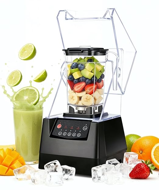 SYBO HS-210E Professional-Grade Commercial Blender With Quiet Shield Heavy-Duty 2HP High-Speed 48oz BPA-Free Jar Easy Cleaning &amp Dishwasher-Safe for Juice Ice Shakes Smoothies Metallic