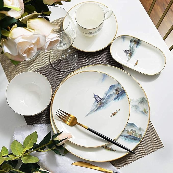 8pc Porcelain Bone China Dinnerware Set Ceramic Dinner Sets Clear Water and Cloud Sky Setting Dishes Set