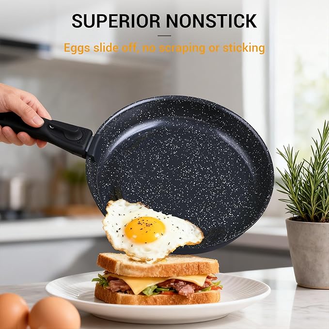 Ammeloo 21-Piece Ceramic Pots and Pans Set Non Stick with Detachable Handles and Egg Frying Pan Non-Toxic Cookware Induction Ready Oven Safe Stackable for Storage Black Speckled