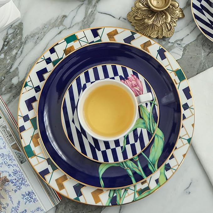 European Style Dinnerware Set Service for 6 Bone China Dinnerware Sets Unbreakable Porcelain Dinner Sets Coffee Cup and Saucer Tableware Set Steak Dinner Plates Dish Set tulip