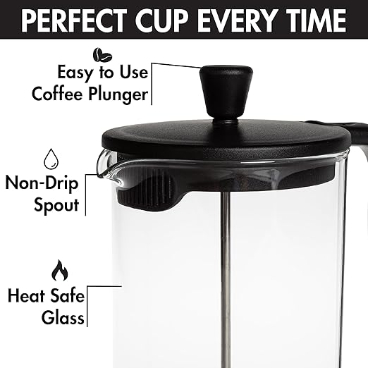 Primula French Press Coffee Maker Heat Resistant Borosilicate Glass with Stainless Steel Filters 8 Cup 34 oz Black