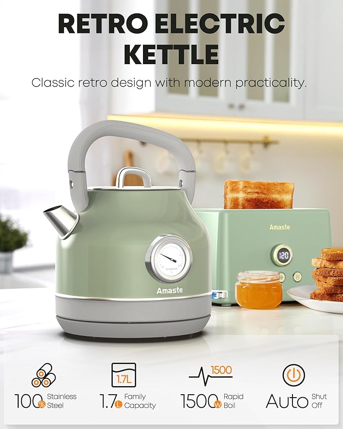 Amaste Black Coffee Maker &amp Green Retro Electric Kettle Set