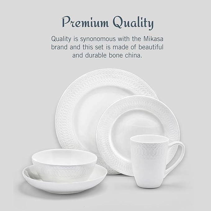 Mikasa Levi 40 Piece Bone China Dinnerware Set Embossed Plates Bowls Chip-Resistant Lightweight Elegant and Durable Service for 8 White