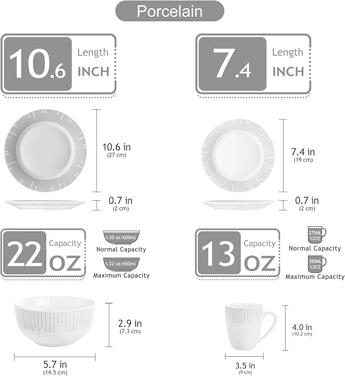 VEWEET Series Frame 16-Piece Dinner Set of Porcelain Combination Set with 10.75 Dinner Plate 7.5 Dessert Plate 5.5 Cereal Bowl and 380ml Mug Service for 4