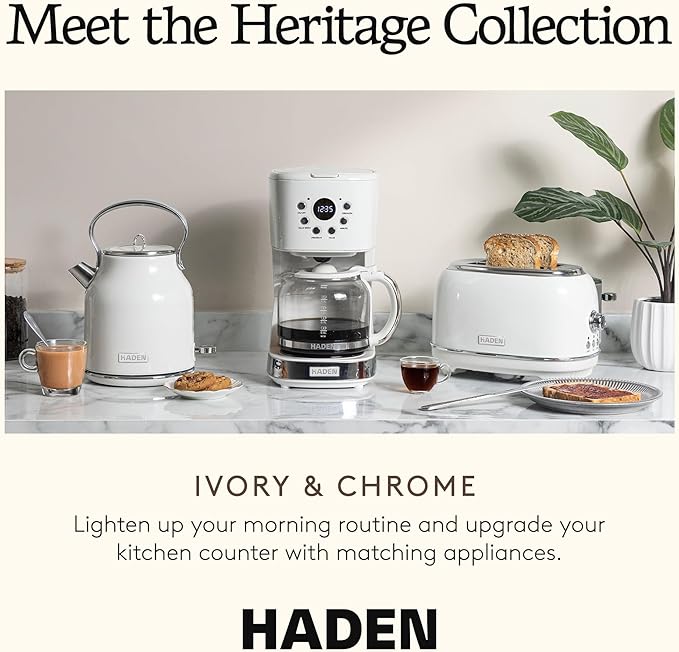 Haden 12 Cup Programmable Coffee Maker with Brew Strength Control and Heritage Stainless Steel Bread Toaster 2 Slice Wide Slot Ivory &amp Chrome