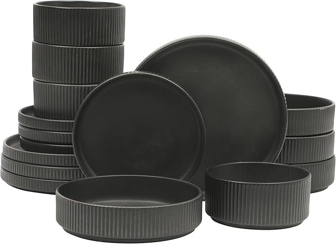 Gibson Elite Deerfield 16-Piece Stoneware Dinnerware Set – Matte Black Reactive Glaze Plates and Bowls Stackable Modern Design Service for 4 – Microwave &amp Dishwasher Safe