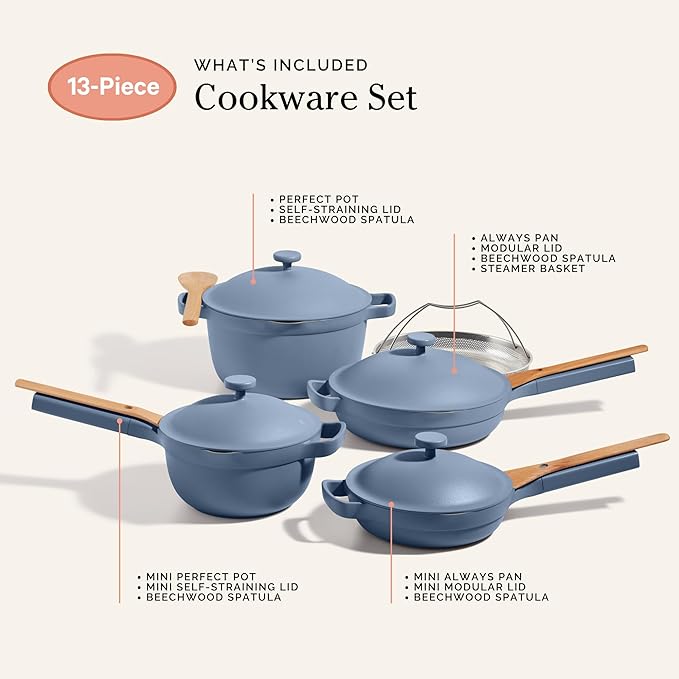 Our Place Cookware Set - Complete 13-Piece Set Including Always Pan 2.0 Mini Always Pan Perfect Pot and Mini Perfect Pot | Multifunctional Toxin-Free Nonstick | Replaces 36 Pieces | Blue Salt