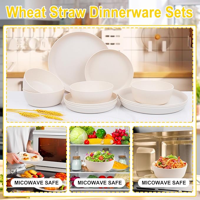 EI 12pcs Wheat Straw Dinnerware Set of 4Reusable Plastic PlatesUnbreakable Dinner PlatesDeep Dinner Hard Premium Plastic PlateMicrowave Dishwasher Safe for CampingPicnincFamily Dinner
