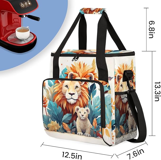Watercolor Lion Coffee Maker Carrying Bag Jungle Lion Travel Storage Bag Compatible with K-Mini or K-Mini Plus Single Serve Coffee Brewer Carrying Case with Multiple Pockets &amp Shoulder Strap