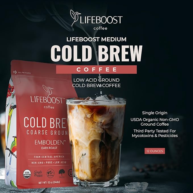 Lifeboost Dark Cold Brew Coffee - Single Origin Non-GMO USDA Organic Low Acid Coarse Ground Coffee for Cold Brew - 3rd Party Tested For Mycotoxins &amp Pesticides - 12 Ounces