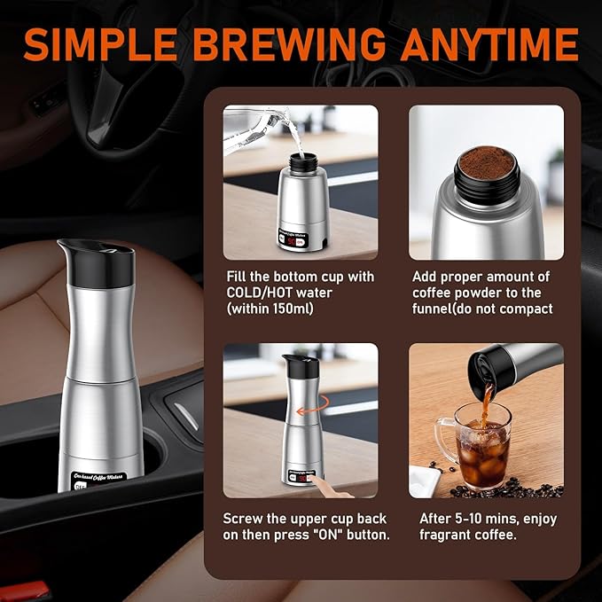 12V Coffee Maker for Car Portable Coffee Maker with 24V for Truck Stainless Steel Self-Heating 150ml Car Espresso Machine for Camping RV Travel