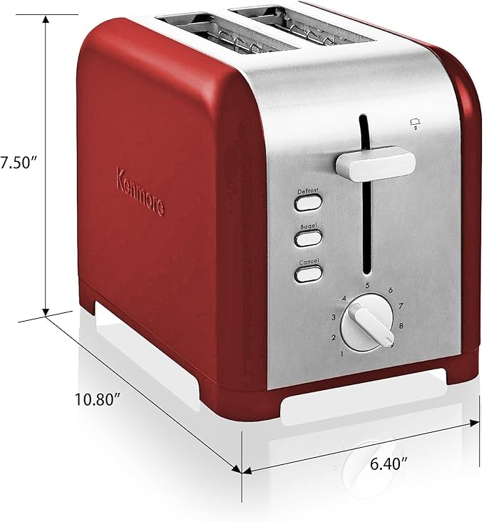 Kenmore 2 Slice Toaster Stainless Steel with Bagel Cancel Defrost Function and Extra Wide Slots Toasters Removable Crumb Tray Red