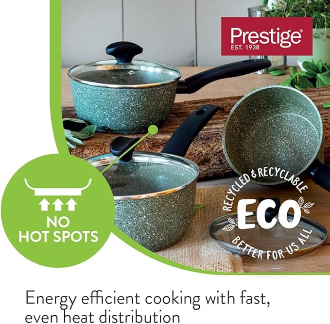 PRESTIGE Eco Non Stick Pots and Pans Set – 5 Piece Recycled Induction Hob Pan Set with Lids Soft Grip Stay Cool Handles Set of 3 Saucepans &amp Set of 2 Frying Pans Green
