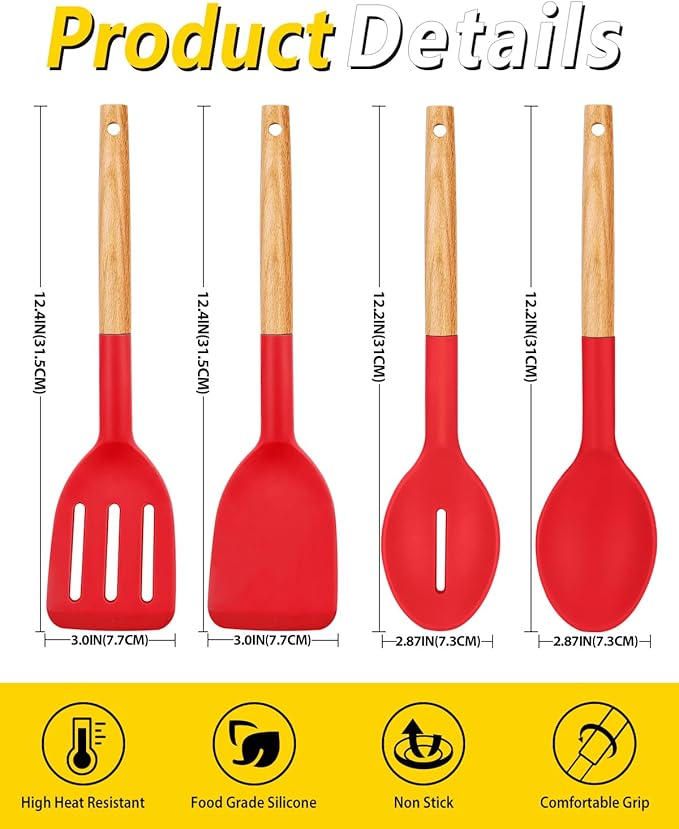 Pack of 4 Silicone Cooking Utensils Set Non Stick Solid Spatulas and Heat Resistant Slotted Spoons with Wooden Handle Ideal Wood Kitchen Utensils Set for FryingServingTurningStirring (RED)