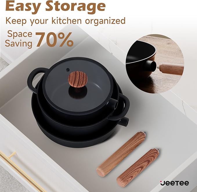 JEETEE Ceramic Cookware Sets 17 pcs Healthy Pots and Pans Set Non Stick Induction Kitchen Cooking Set with Removable Handles Stackable Pots Pans Oven Safe PFOA/PFOS Free Black