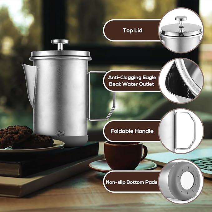 French Press Coffee Maker 1L Portable Stainless Steel Cold Brew Coffee Tea Pot with Foldable Handle for Camping Trips Home Brewing (Silver)