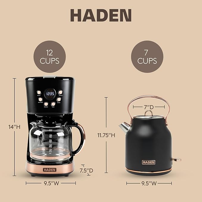 HADEN Heritage 1.7 Liter Stainless Steel Electric Kettle Bundled with 12 Cup Drip Coffee Maker Coffee Machine with Auto Shut-Off Black &amp Copper
