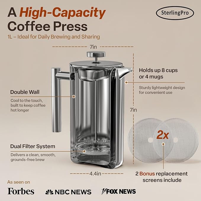 Stainless Steel French Press Coffee Maker 1 L (34 oz) Mirror – Double Walled Insulated Large Coffee Press Durable Design Keeps Drinks Hot Easy to Use and Clean for Rich Flavor Brewing
