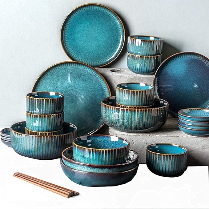 Dinnerware Set Luxury Family Dinner Service Set Porcelain Dinnerware Set Ceramic Plates And Bowls Sets Modern Vintage Lounge Round Reactive Glaze Dishes Set