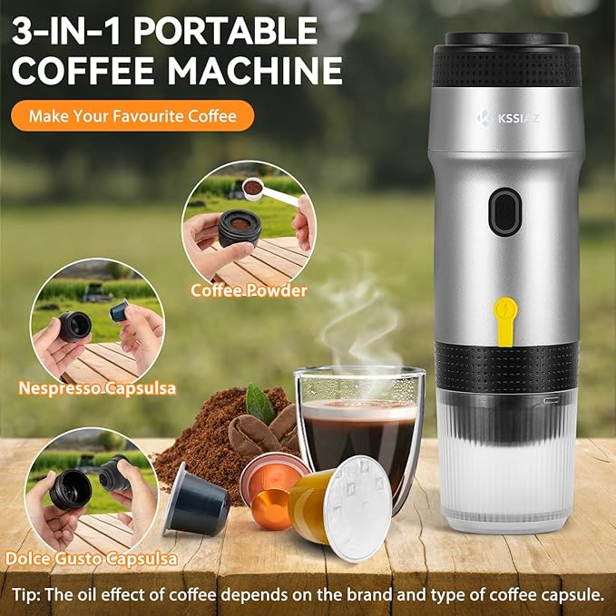 Portable Espresso Machines Electric Espresso Maker with Self-Heating USB-C &amp Car Charger 20 Bar Mini Coffee Maker With NS Capsule &amp Ground Coffee for Camping Hiking Travel Office Silver