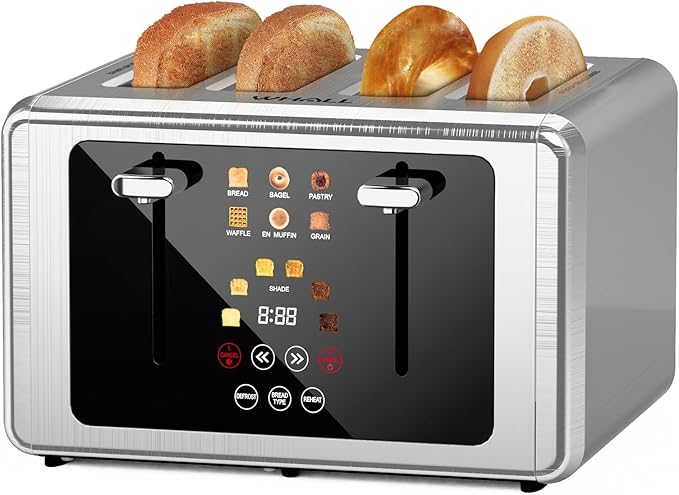 whall 4 Slice Touch Screen Toaster Stainless Steel Toasters Digital Timer Dual Control Panel Toasters6 Shade Settings＆6 Bread Types Smart Wide Slots Bagel Cancel Defrost