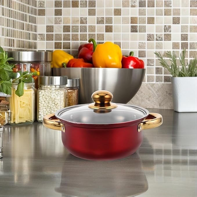 Nonstick Stainless Steel Cookware Set with Heat-resistant Gold Handles Versatile Pots and Frying Pans for Healthy Cooking and Easy Cleaning Stylish Kitchen Essential in Wine Red
