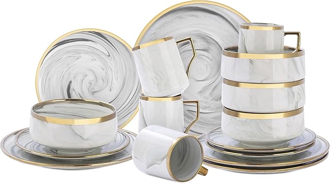 Fine China Artisan Marbled 16pc Dinner Set Grey with Gold Line